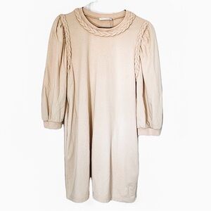 Beige Braided-Trim Puff-Sleeve Crew Neck Dress Size Large Trendy With Pockets